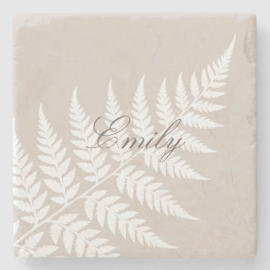 Dessous-de-verre En Pierre Mocha Taupe Fern Blanche Écriture Élégante Nom