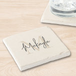 Dessous-de-verre En Pierre Modern Monogram Name<br><div class="desc">This stone coaster features a modern,  elegant monogram and name in stylish script calligraphy on a neutral beige background. It is easily customizable. Makes a perfect housewarming gift or a gift for a friend.</div>