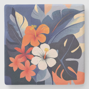 Dessous-de-verre En Pierre Moderne Hawaïen de milieu de siècle Hibiscus et Pl