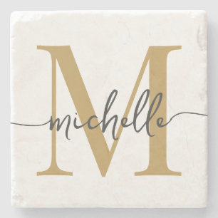 Dessous-de-verre En Pierre Moderne monogramme de nom en or blanc élégant scri