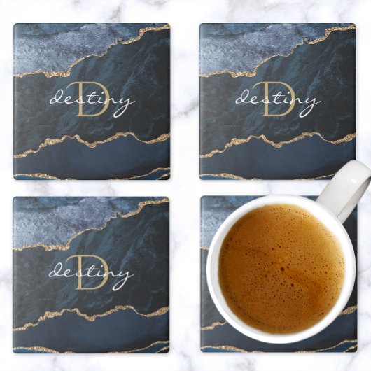 Dessous-de-verre En Pierre Monogram Agate Geode Navy Blue Gold