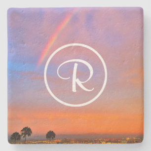 Dessous-de-verre En Pierre Monogram Orange Blue Sunset Rainbow Photo élégant