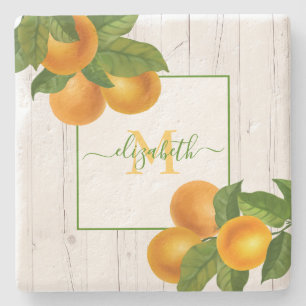 Dessous-de-verre En Pierre Monogramme agrumes oranges aquarelle bois rustique