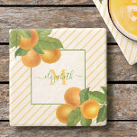 Dessous-de-verre En Pierre Monogramme agrumes rustiques oranges aquarelles ra<br><div class="desc">Détendez-vous avec votre boisson préférée et protégez votre mobilier avec ce beau dessous de verre en pierre monogramme, chic, simple, moderne et personnalisé. Des oranges fraîches d'aquarelle et des feuilles verts, ainsi que de la typographie manuscrite en vert pâle, recouvrent un motif à rayures jaune clair. Personnalisez avec votre nom...</div>