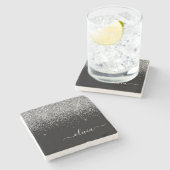 Dessous-de-verre En Pierre Monogramme Argent Parties scintillant noire Script (Côté)