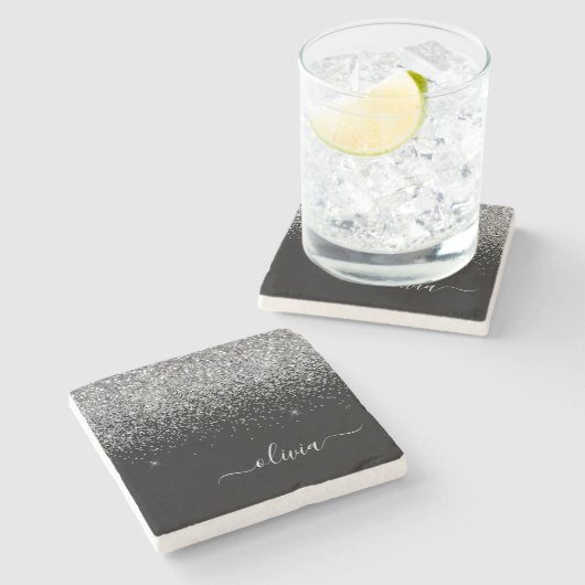 Dessous-de-verre En Pierre Monogramme Argent Parties scintillant noire Script (Côté)