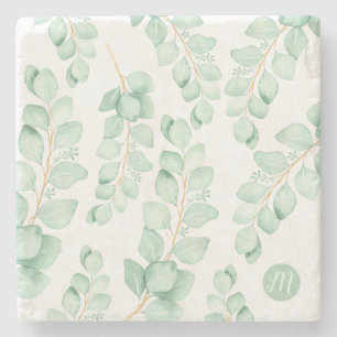Dessous-de-verre En Pierre Monogramme Beau Motif d'Eucalyptus vert Sage