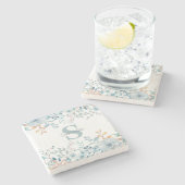 Dessous-de-verre En Pierre Monogramme Bleu Floral Botanique (Côté)