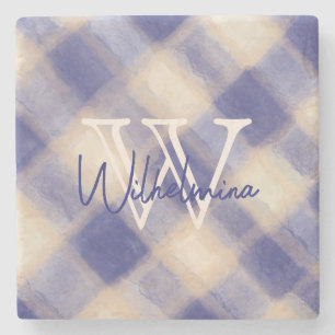Dessous-de-verre En Pierre Monogramme bleu marine crème plaid tartan en vichy