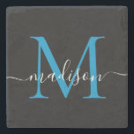 Dessous-de-verre En Pierre Monogramme bleu noir moderne Nom du script féminin<br><div class="desc">Élégant Monogramme bleu vif de l'océan noir Nom du script féminin Dessous de verre de pierre</div>