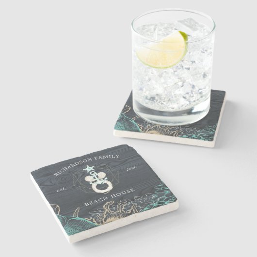 Dessous-de-verre En Pierre monogramme bleu turquoise côtier (Côté)