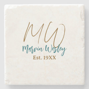 Dessous-de-verre En Pierre Monogramme brun bleu turquoise année estimée simpl
