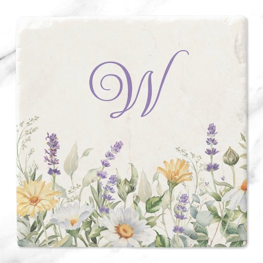 Dessous-de-verre En Pierre Monogramme de bordure fleur sauvage aquarelle