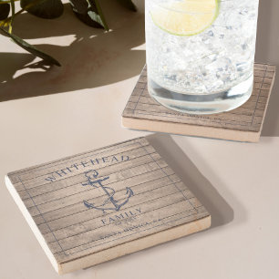 Dessous-de-verre En Pierre Monogramme de famille Ancre en bois nautique