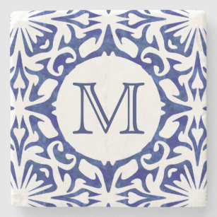 Dessous-de-verre En Pierre Monogramme de mosaïque espagnole en bleu et blanc