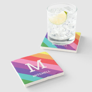 Dessous-de-verre En Pierre Monogramme de nom de famille Arc-en-ciel lumineux