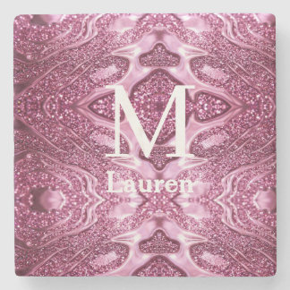 Dessous-de-verre En Pierre monogramme de nom girly abstrait métallisé rose