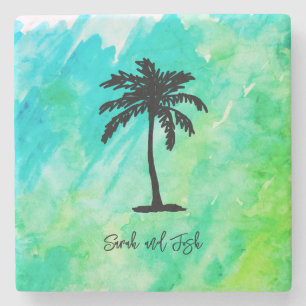 Dessous-de-verre En Pierre Monogramme de nom personnalisé Mariage Palmier Nau