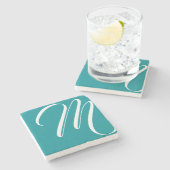 Dessous-de-verre En Pierre Monogramme De Script Turquoise Et Blanc Moderne (Côté)