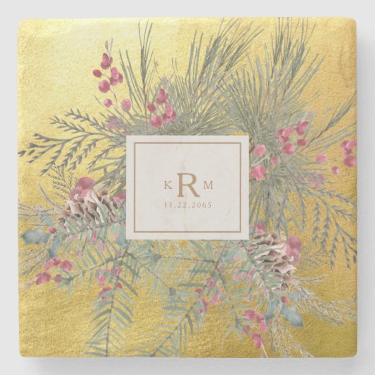 Dessous-de-verre En Pierre Monogramme d'or botanique de pin de Noël (Devant)