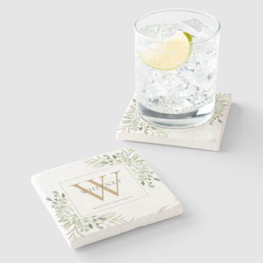 Dessous-de-verre En Pierre Monogramme doré Greenery Chic (Côté)