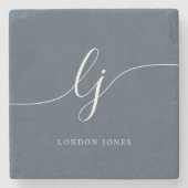 Dessous-de-verre En Pierre Monogramme Dusty Marine Bleu Blanc Simple Élégant (Devant)