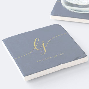Dessous-de-verre En Pierre Monogramme Dusty Marine Bleu Or Simple Élégant