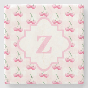 Dessous-de-verre En Pierre Monogramme élégant à la cerise rose aquarelle