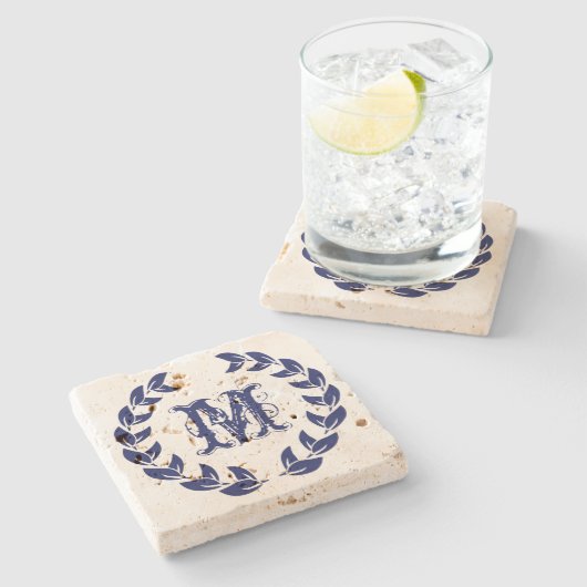 Dessous-de-verre En Pierre Monogramme Elegant Blue Wreath (Côté)