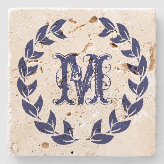 Dessous-de-verre En Pierre Monogramme Elegant Blue Wreath (Devant)