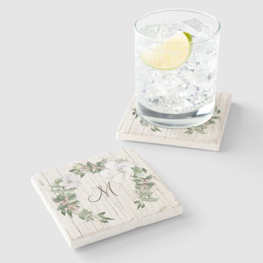 Dessous-de-verre En Pierre Monogramme en bois vieilli avec couronne de Magnol (Côté)