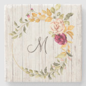 Dessous-de-verre En Pierre Monogramme en bois vieilli avec couronne en fleur  (Devant)