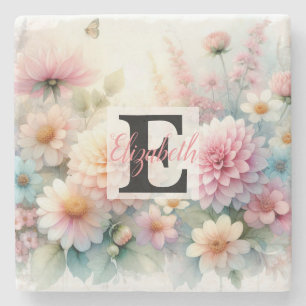 Dessous-de-verre En Pierre Monogramme et nom sur Fleurs à l'aquarelle en past