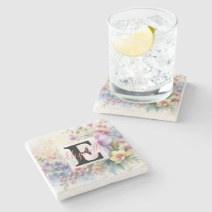 Dessous-de-verre En Pierre Monogramme et nom sur Fleurs à l'aquarelle en past