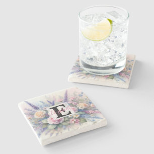 Dessous-de-verre En Pierre Monogramme et nom sur Fleurs à l'aquarelle en past