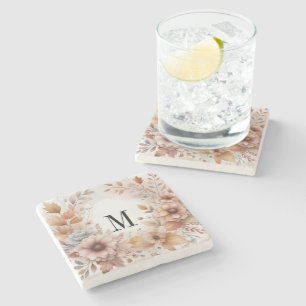 Dessous-de-verre En Pierre Monogramme Feuilles et fleurs d'automne aquarelle