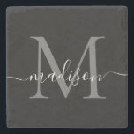 Dessous-de-verre En Pierre Monogramme gris argenté noir Nom du script féminin<br><div class="desc">Élégant moderne Noir Argent Ardoise Gris Monogramme Feminine Script Nom Dessous de verre de pierre</div>