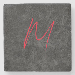 Dessous-de-verre En Pierre monogramme gris unique nom rouge calligraphie init