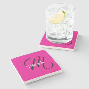 Dessous-de-verre En Pierre Monogramme initial minimaliste moderne nom rose ch