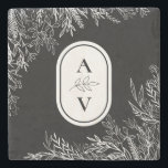 Dessous-de-verre En Pierre Monogramme Mariage de verdure noir et blanc<br><div class="desc">Ce Mariage de verdure noir et blanc, le Dessous de verre en pierre de Monogram, allie classique de la typographie minimaliste simple à un étage de couleur noir et blanc neutre et à une décoration d'art chic. Les ornements en silhouette de feuille moody sont astucieusement arrangés pour créer une belle...</div>
