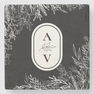 Dessous-de-verre En Pierre Monogramme Mariage de verdure noir et blanc