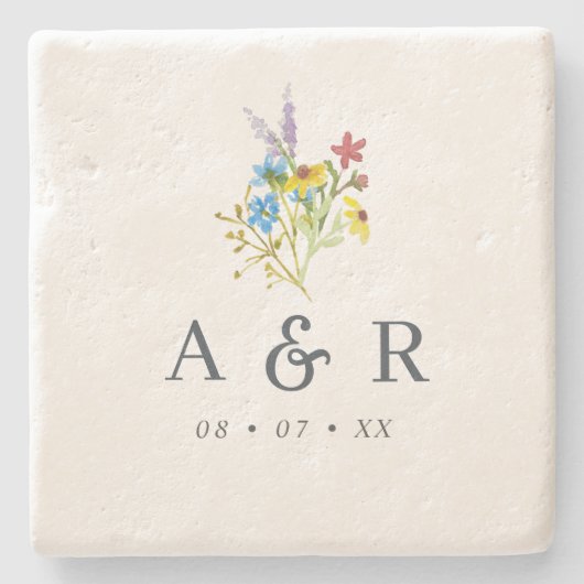 Dessous-de-verre En Pierre Monogramme Mariage Fleur sauvage rustique (Devant)