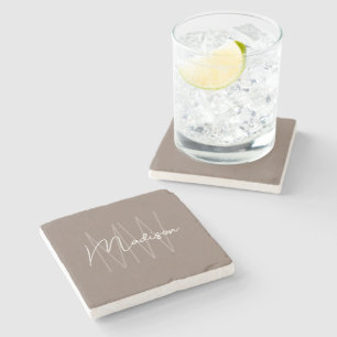Dessous-de-verre En Pierre Monogramme Moderne Nom Script Taupe