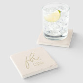 Dessous-de-verre En Pierre Monogramme Moderne Script Elégant Blush Pink Or (Côté)
