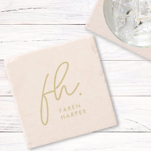 Dessous-de-verre En Pierre Monogramme Moderne Script Elégant Blush Pink Or