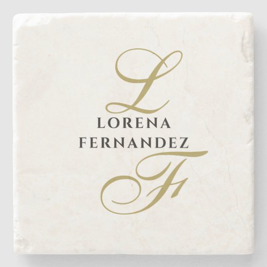 Dessous-de-verre En Pierre Monogramme Neutre Or Noir Nom Élégant Minimal (Devant)