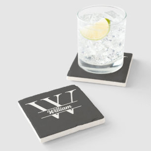 Dessous-de-verre En Pierre Monogramme Noir et Or   Initiale Élégante de Nom