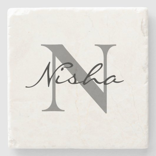 Dessous-de-verre En Pierre Monogramme Noir Gris Initiale de Nom Script (Devant)