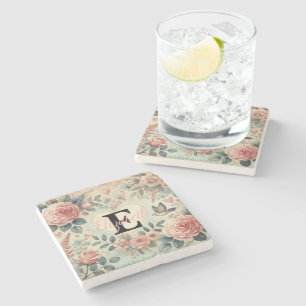 Dessous-de-verre En Pierre Monogramme nom vintage romantique cœurs floral ros