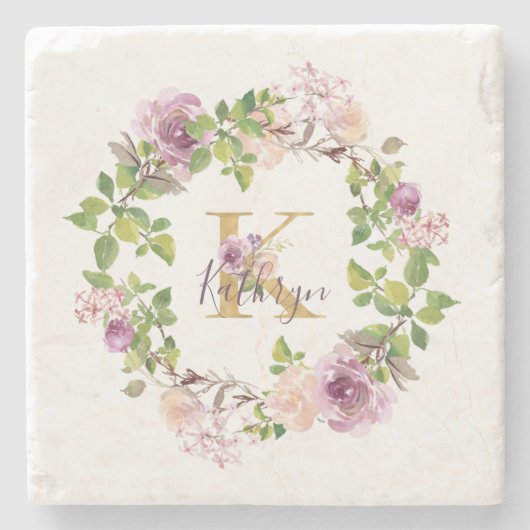 Dessous-de-verre En Pierre Monogramme or moderne K Aquarelle Florale Wreath (Devant)